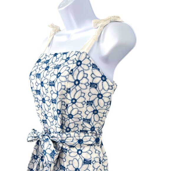Miami Eyelet Blue White Floral Lace Tie-Strap Romper Size Medium - Picture 3 of 15
